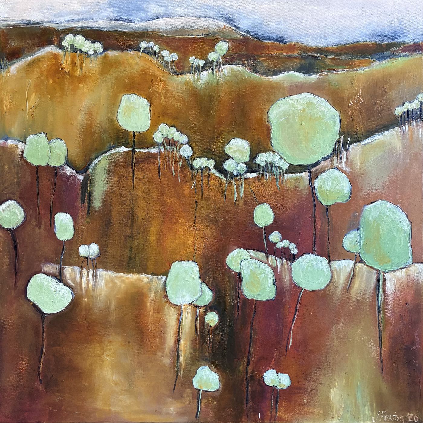 Eucalypts II by Jen Foxton — 2026, 62cm x 62cm.