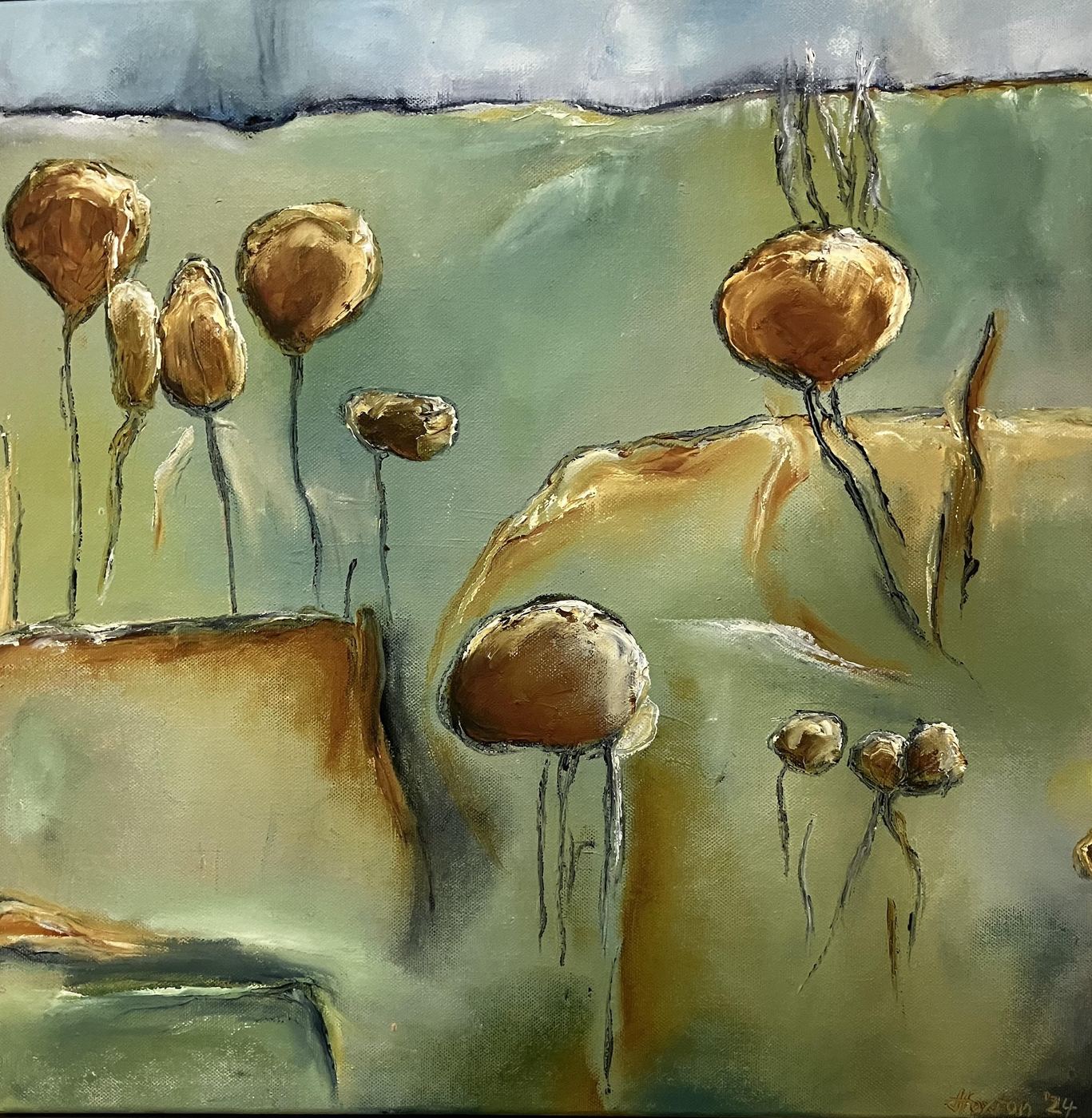 Ochre Trees II by Jen Foxton — 2023, 53cm x 53cm.