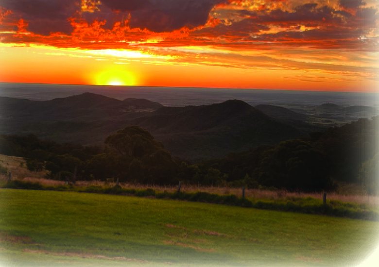 Sunset over the Bunya Mountains, Queensland — the retreat location.
