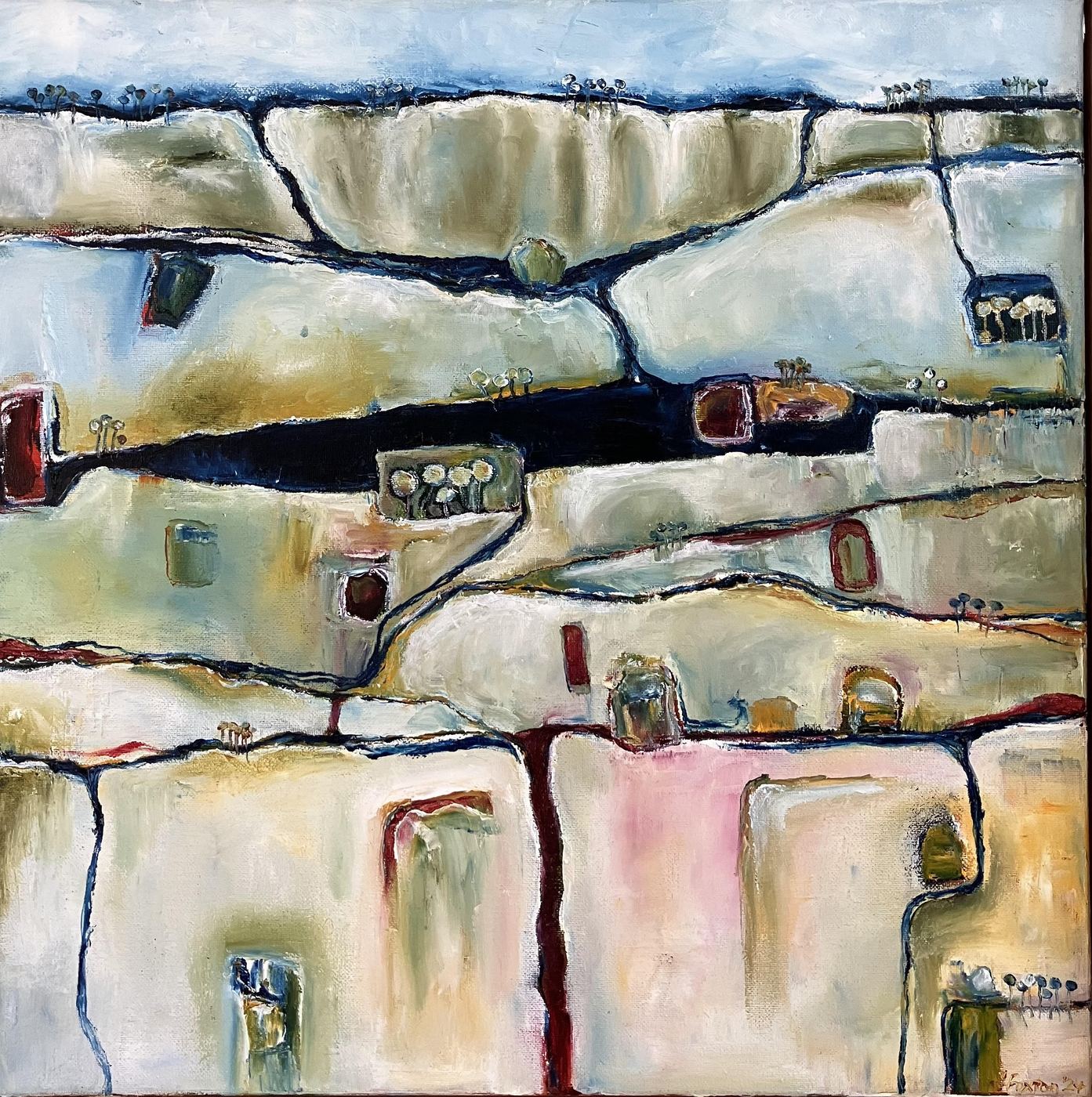 Dammed II by Jen Foxton — 2024, Oil on canvas framed, 48cm x 48cm.