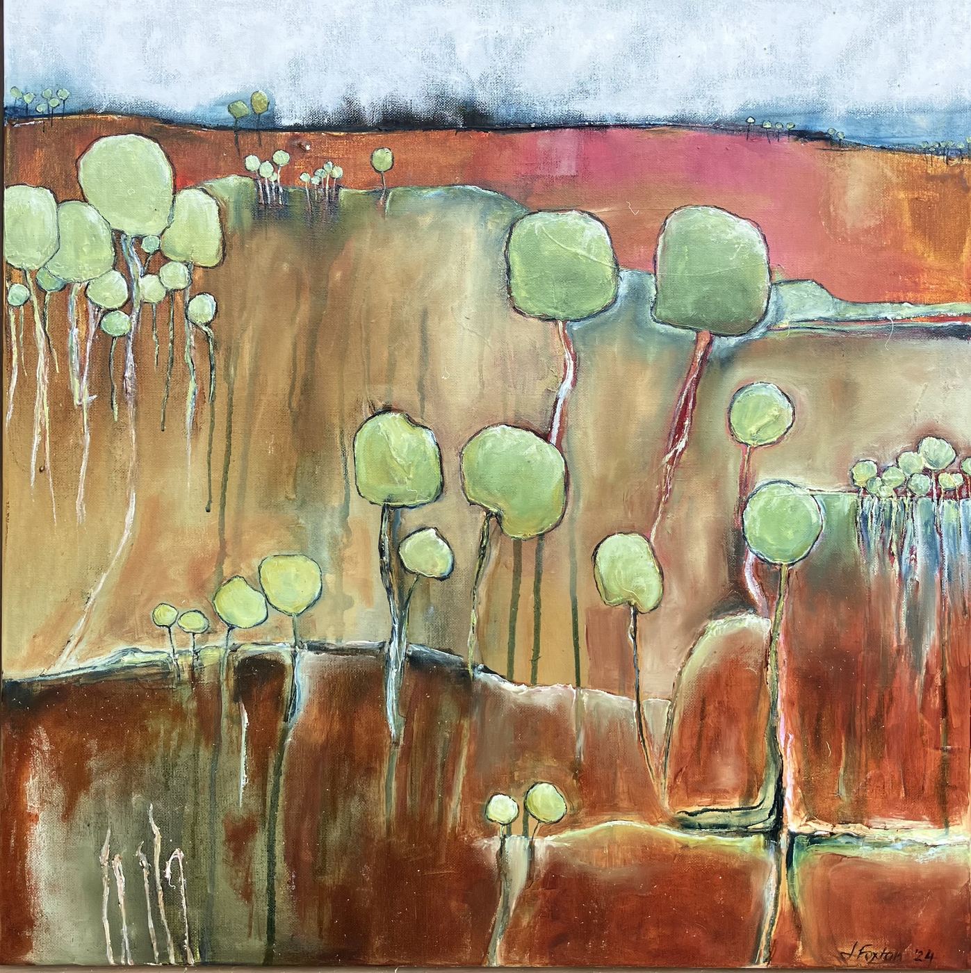 Eucalypts by Jen Foxton — 2024, Oil on canvas framed, 63cm x 63cm.