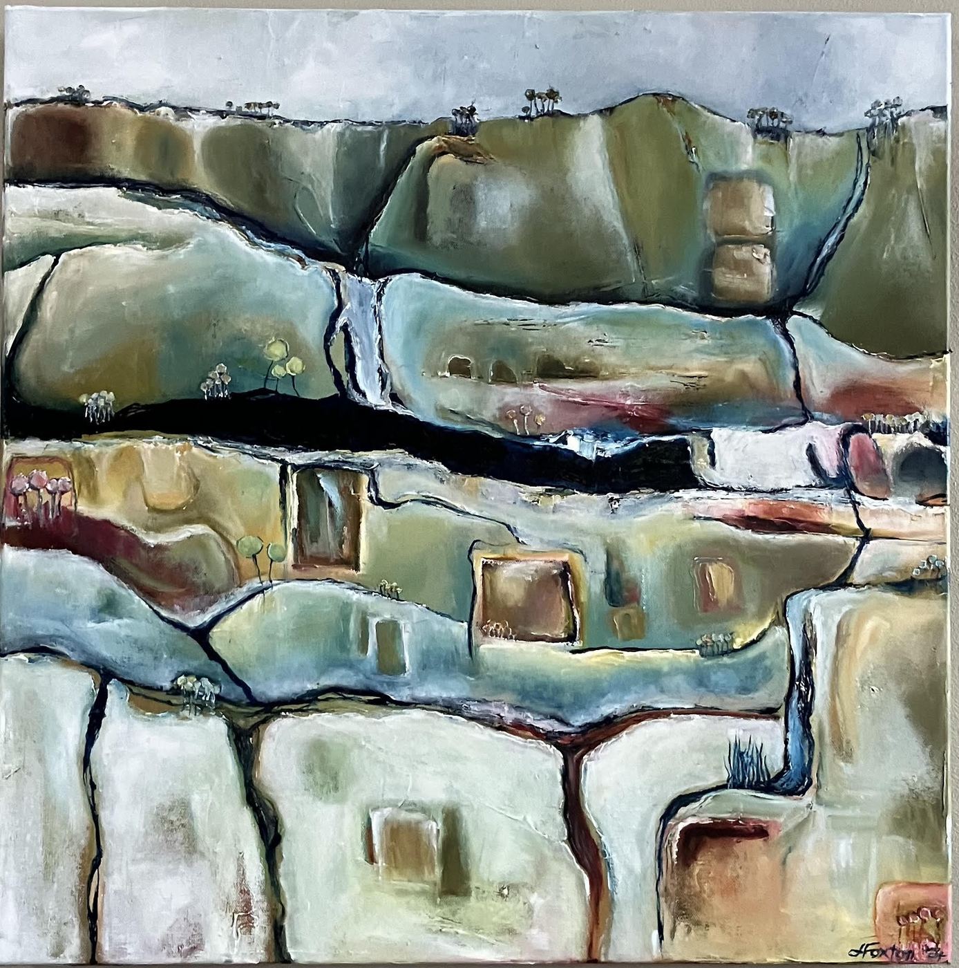 Flowing by Jen Foxton — 2024, Oil on canvas framed, 61cm x 61cm.