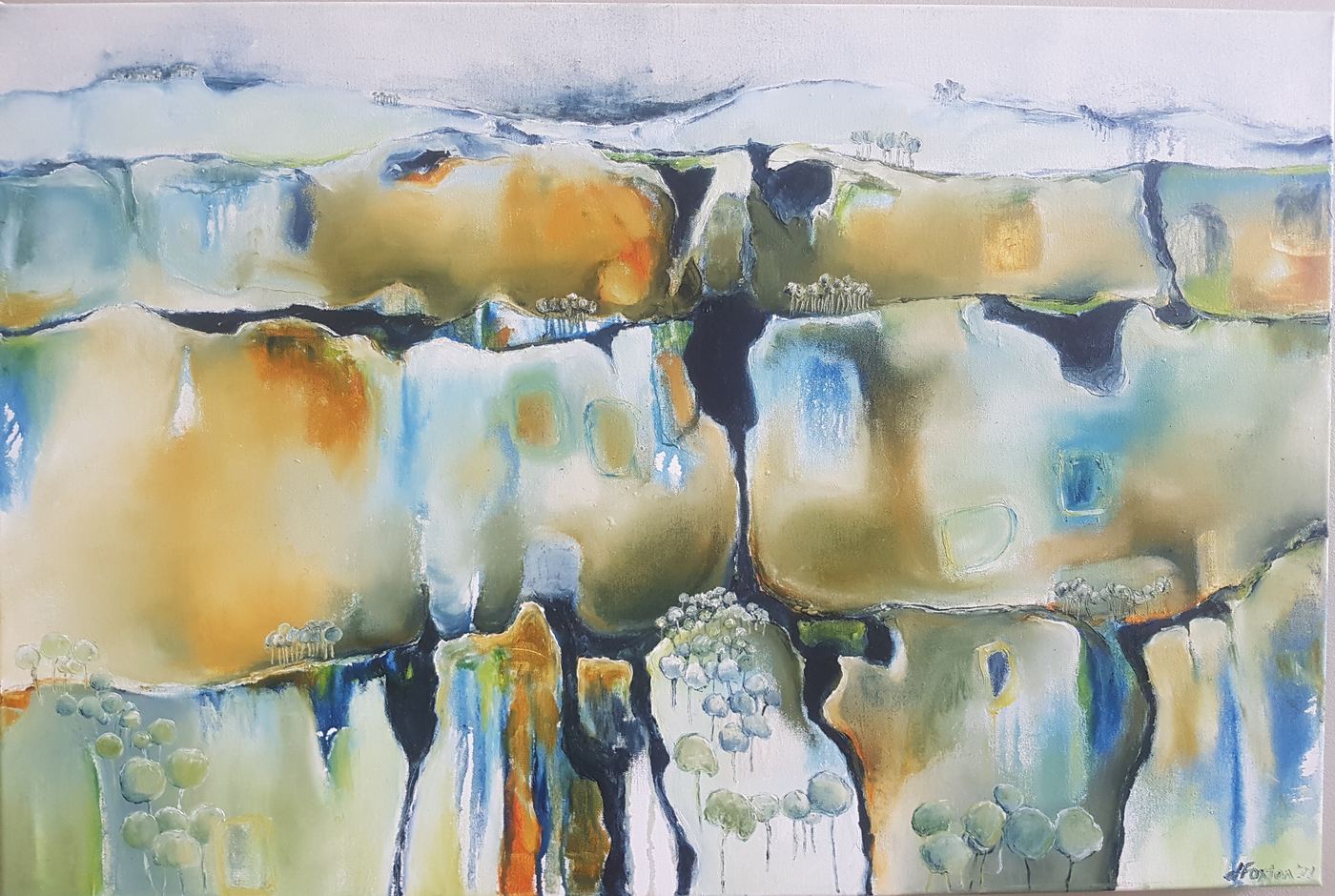 Snow melting by Jen Foxton — 2023, Oil on canvas framed, 91cm x 61cm.