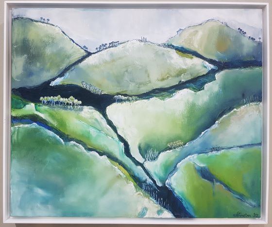 Streams of survival by Jen Foxton — 2022, Oil on canvas framed, 62cm x 51cm.