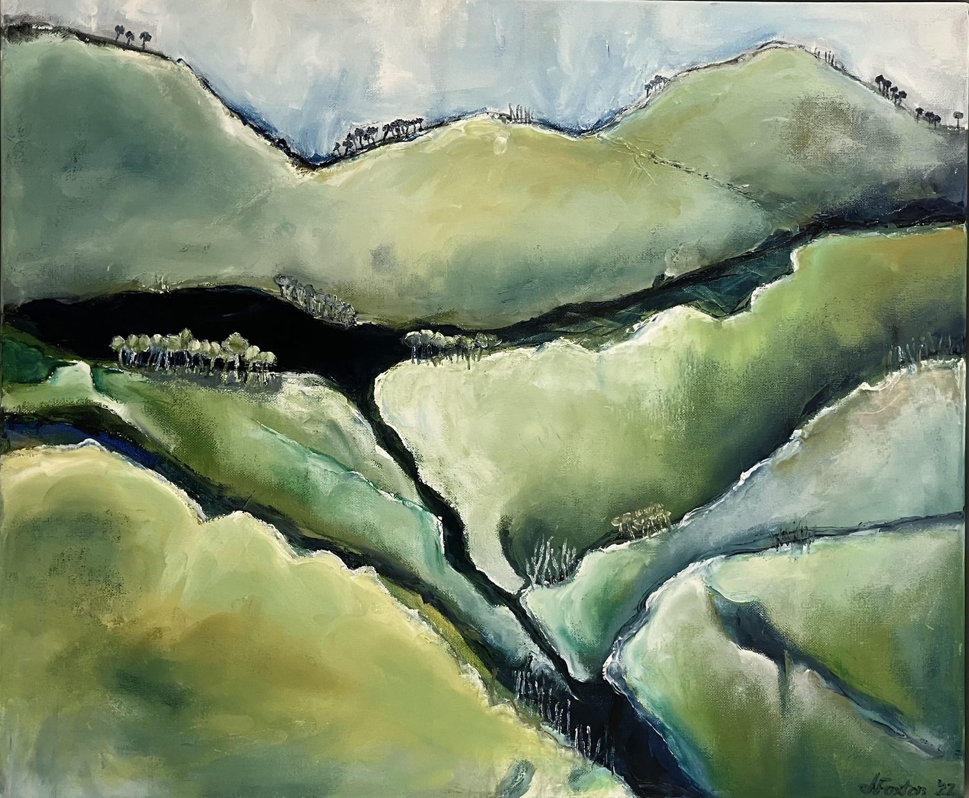 Streams of survival by Jen Foxton — 2022, Oil on canvas framed, 62cm x 51cm.